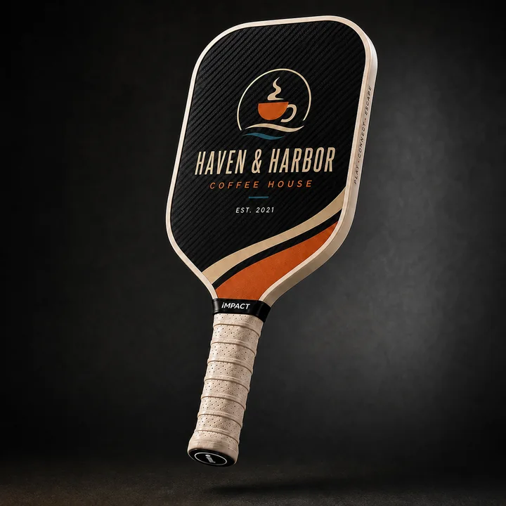 Coffee house concept paddle: logo on raw carbon with a printed accent