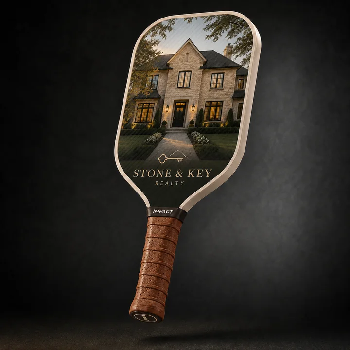 Realty concept paddle: full face photograph with a leather grip