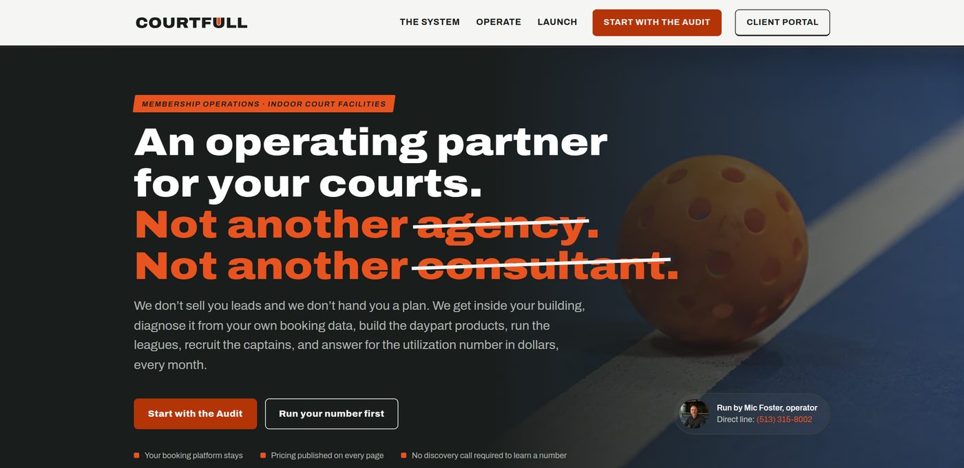 CourtFull website homepage: an operating partner for your courts