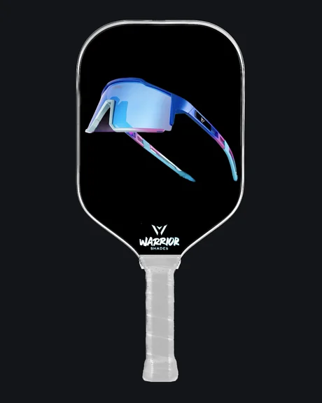 A black Warrior Shades paddle with a single pair of performance sunglasses printed across the face