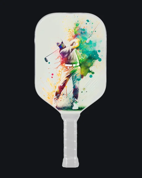 A cream paddle with a golfer mid-swing rendered in splashed colour
