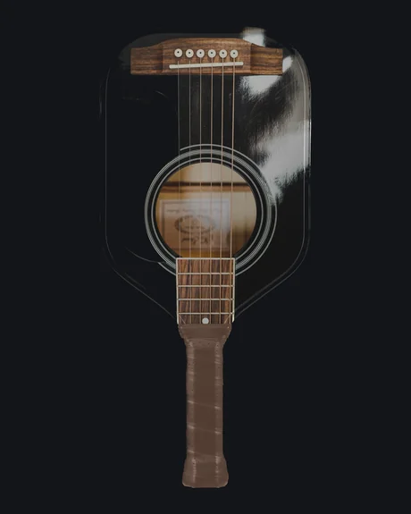 A paddle printed as an acoustic guitar, with the sound hole and strings running into the handle